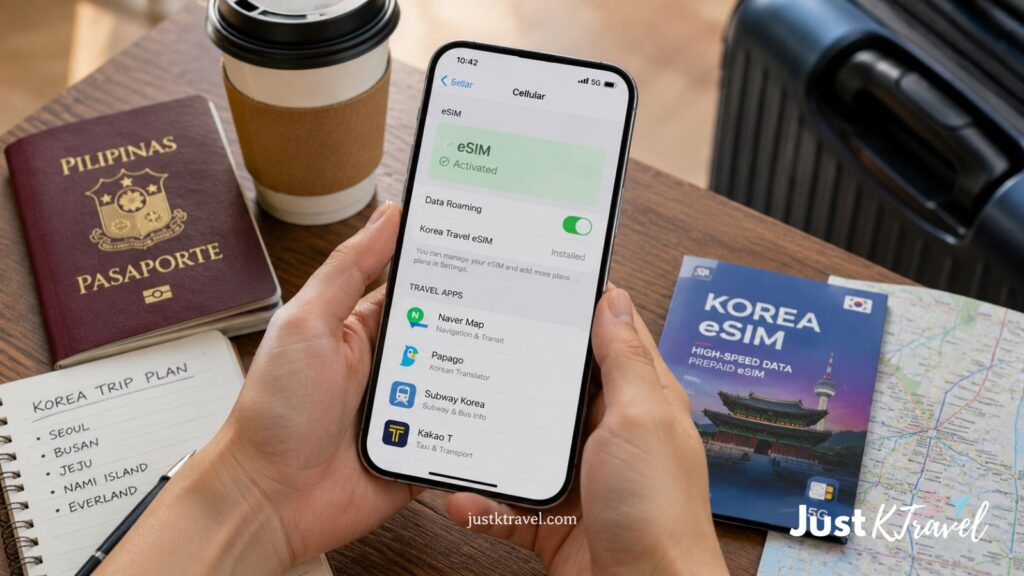 Smartphone with Korea eSIM activation, navigation, translation, and travel apps