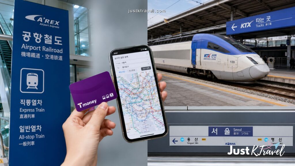 Korea transportation essentials including T-money card, KTX train, subway, and AREX airport train