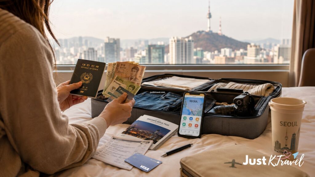 Solo traveler preparing for a South Korea trip with passport, Korean won, T-money card, and travel essentials