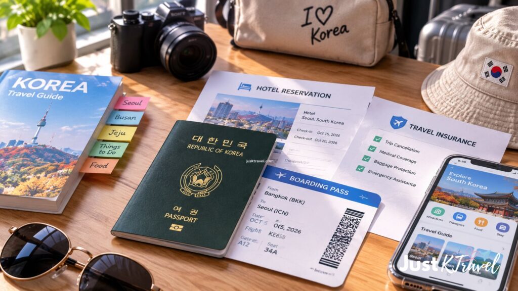 Passport, flight ticket, hotel confirmation, and travel documents prepared for Korea trip