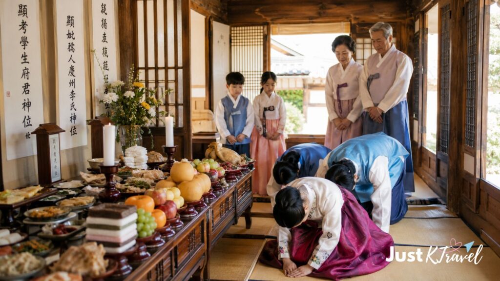Korean family performing traditional Chuseok charye ceremony with food offerings