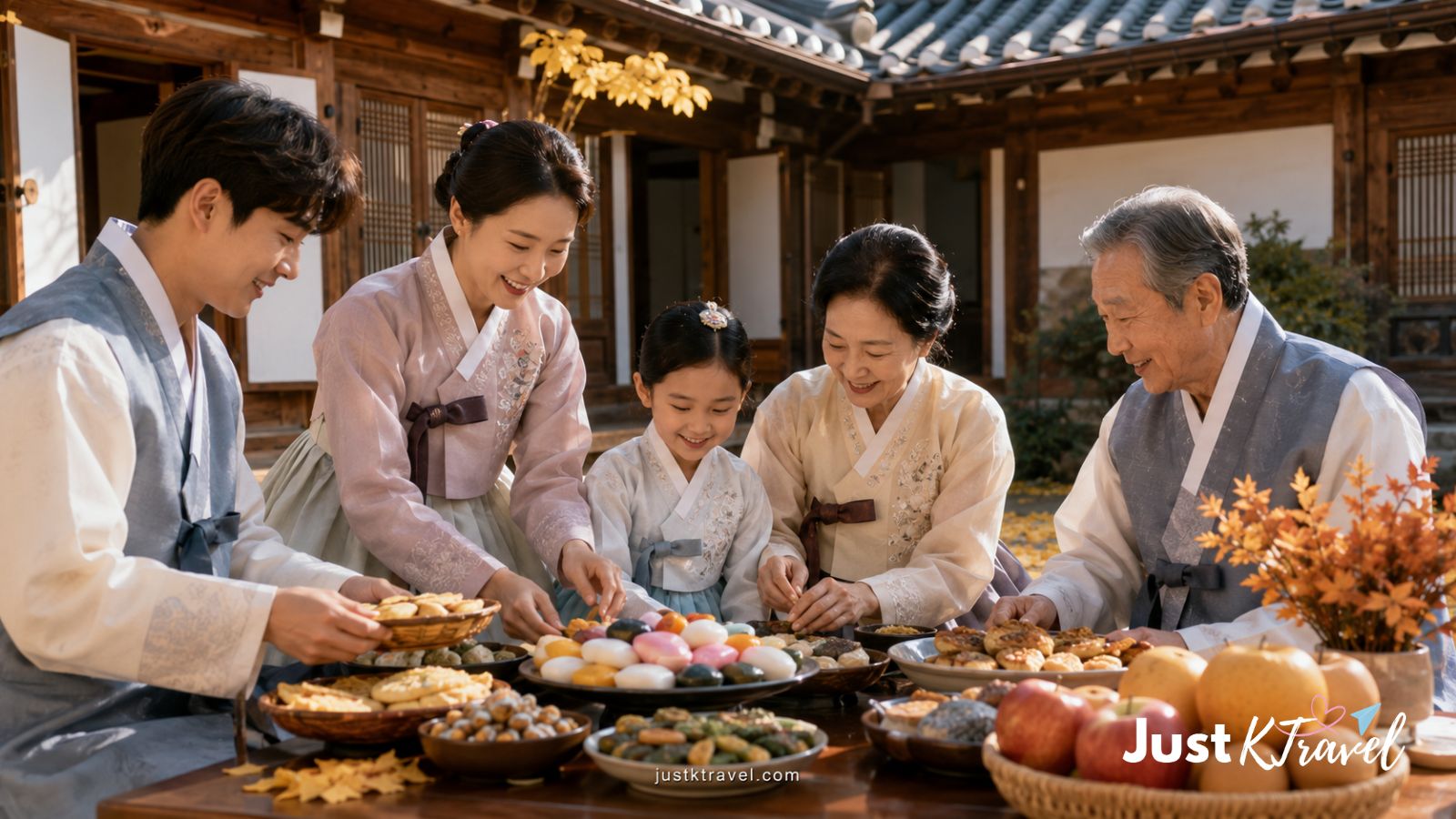 Korean family celebrating Chuseok in a traditional hanok house with hanbok and holiday food