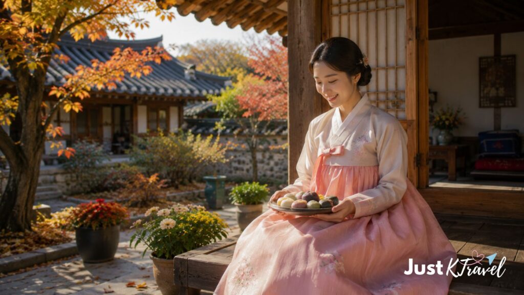 Korean woman wearing hanbok holding songpyeon in a traditional hanok courtyard