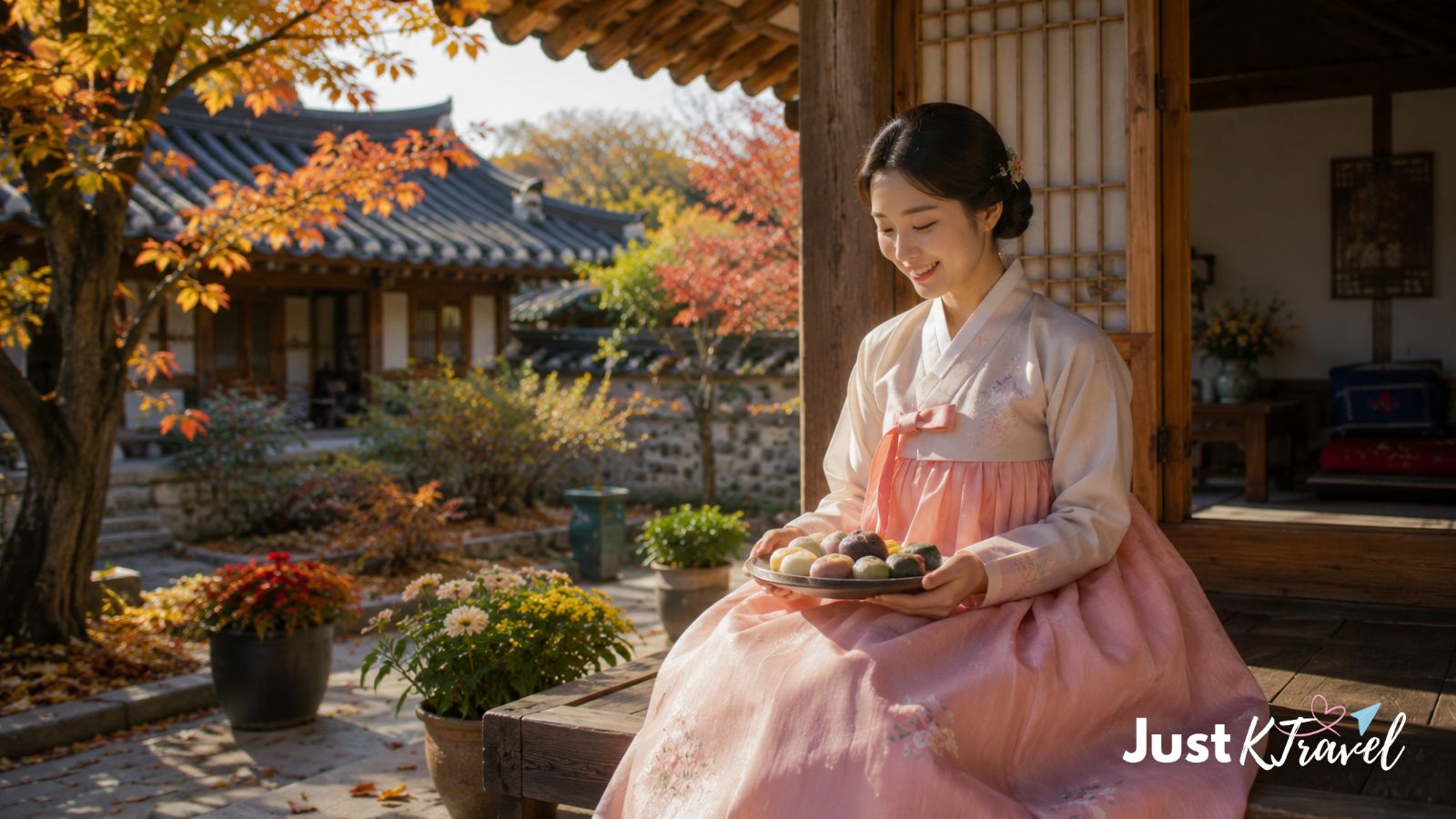 Korean woman wearing hanbok holding songpyeon in a traditional hanok courtyard