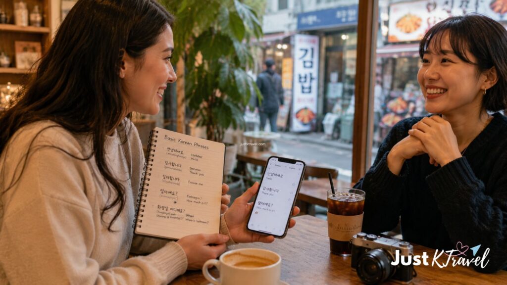 Solo traveler learning basic Korean phrases while visiting South Korea