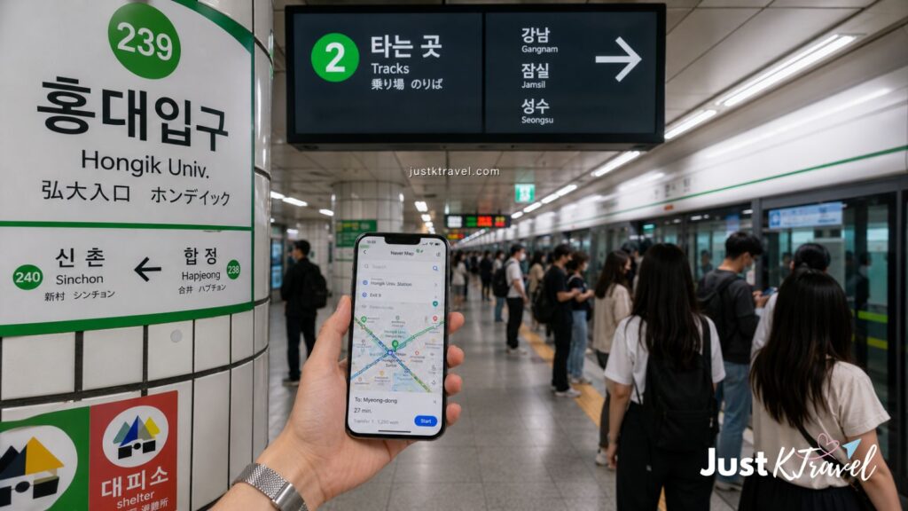 Tourist navigating Seoul subway with smartphone