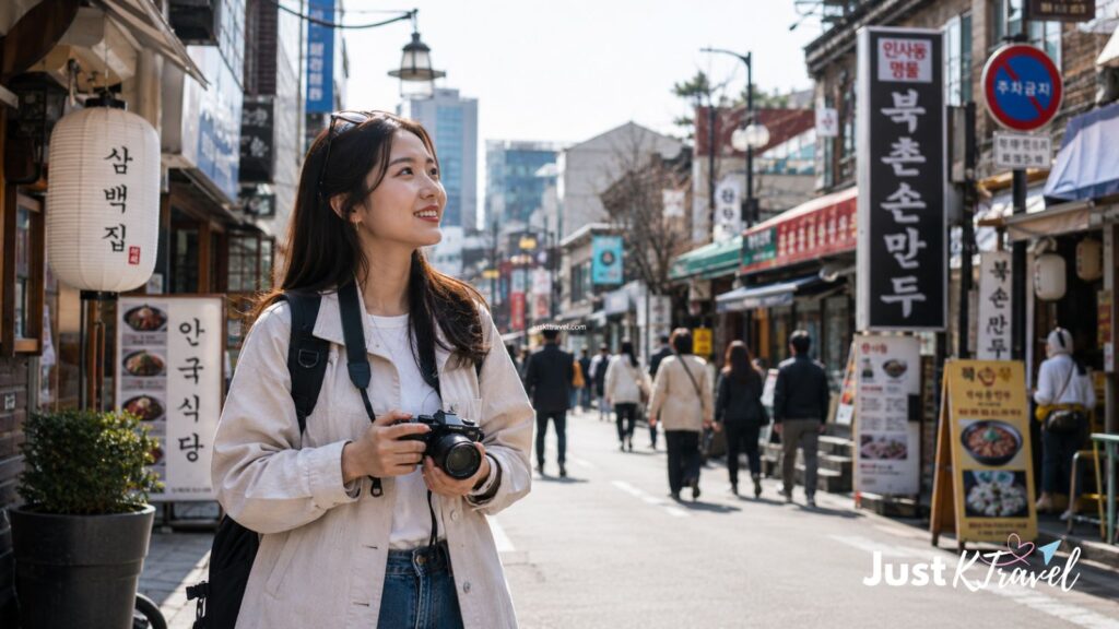 Solo traveler exploring Seoul streets during a South Korea trip