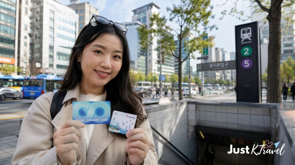 Tourist comparing T-money Card and Climate Card while using Seoul subway transportation