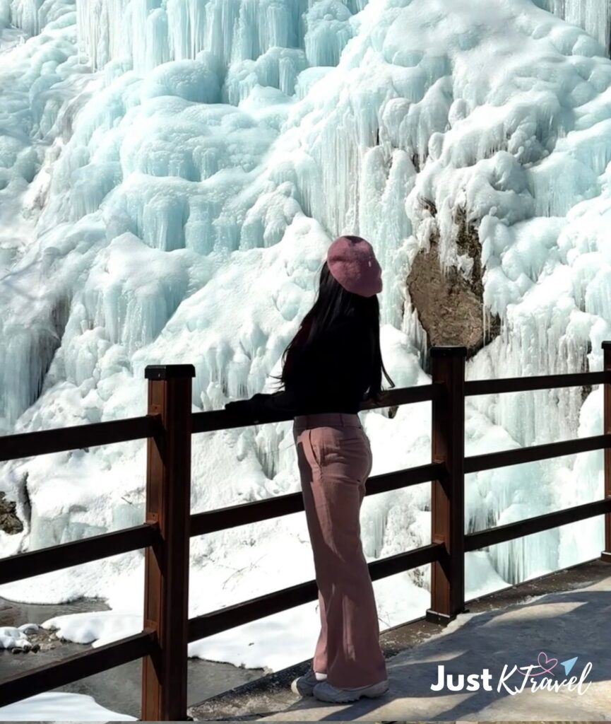 Snow-covered Eobi Ice Valley with frozen ice formations in Korea