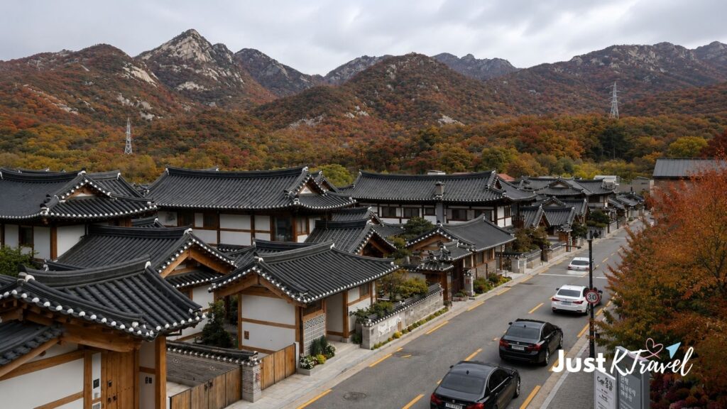 Eunpyeong Hanok Village with traditional houses and autumn mountains in Seoul