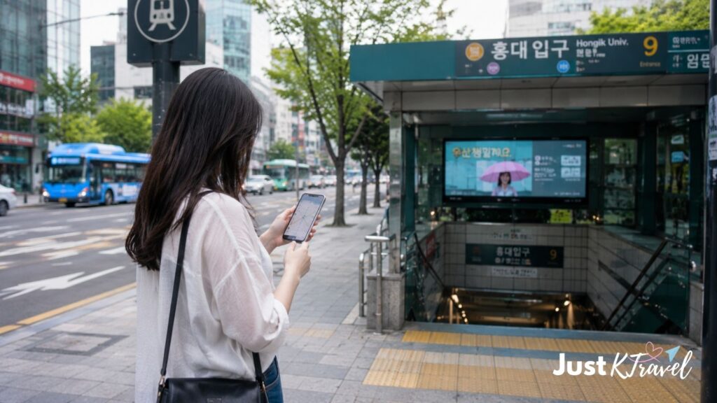 Female traveler using Naver Map to navigate Seoul