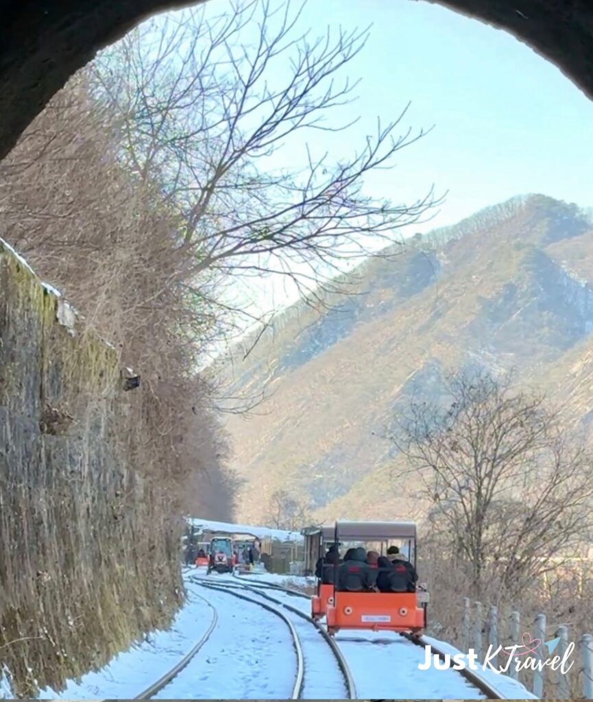 Gangchon Railbike surrounded by snowy winter scenery in Korea