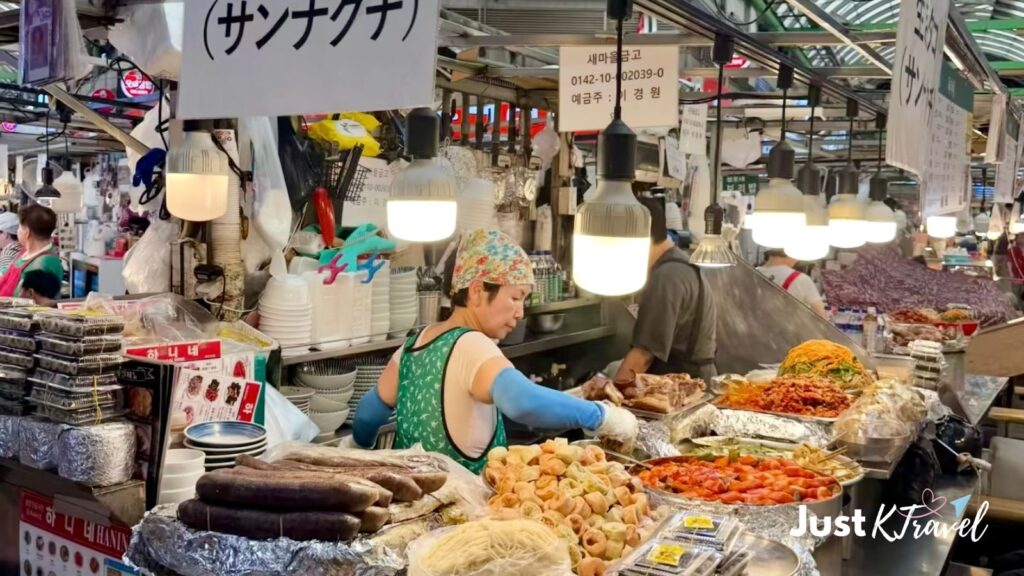 Gwangjang Market Seoul with visitors enjoying Korean food during Chuseok holiday