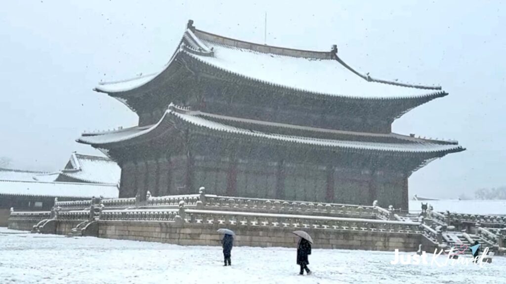 Gyeongbokgung Palace covered in heavy snow in Seoul, South Korea