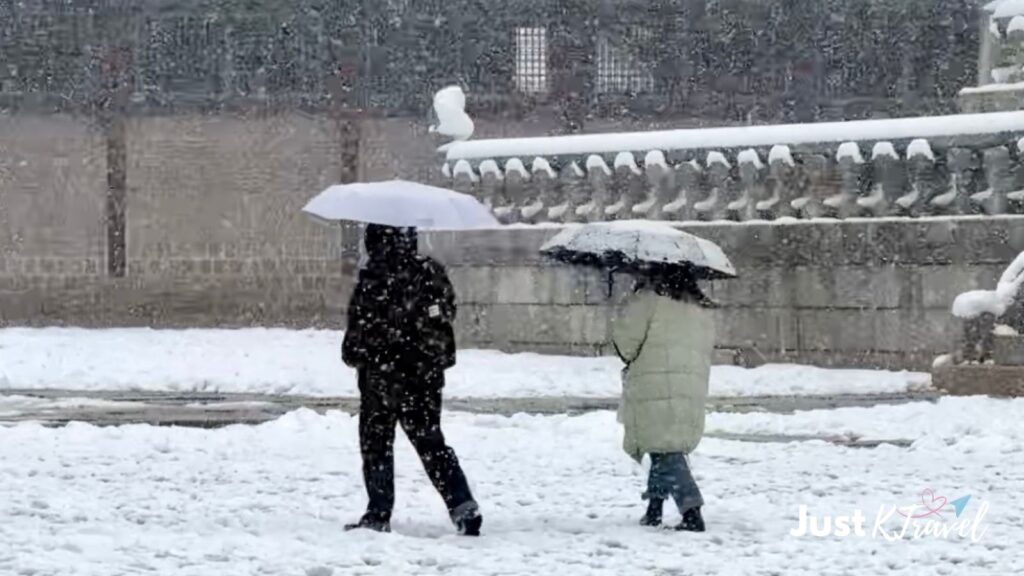 Traveler wearing a padded coat at Gyeongbokgung Palace in heavy snow