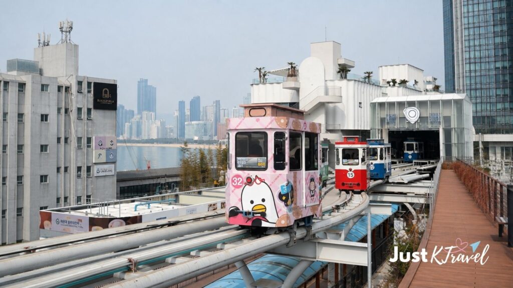 Haeundae Sky Capsule traveling along the Busan coastline