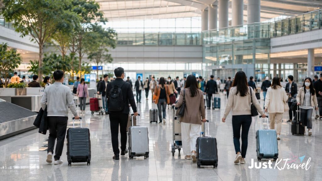 Travelers arriving at Incheon International Airport in South Korea during the Chuseok holiday