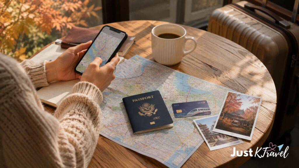 Tourist preparing travel essentials for a South Korea trip during autumn