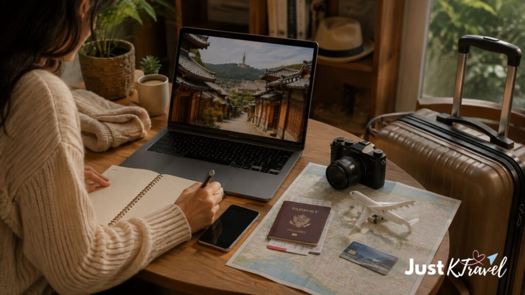 Korea travel checklist with passport, transportation card, smartphone, and luggage essentials