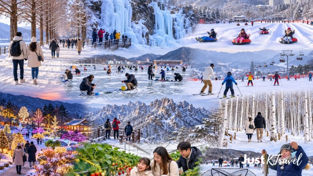 Snowy Korean winter destinations including mountains, ski resorts and ice festivals