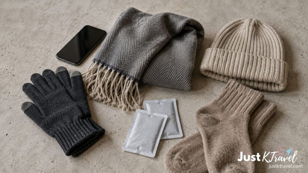 Winter accessories for Korea including gloves, scarf, beanie, warm socks and hand warmers