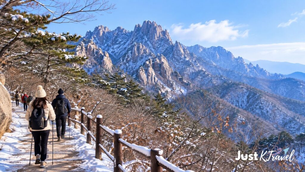 Snow-covered Seoraksan mountains and winter hiking trail