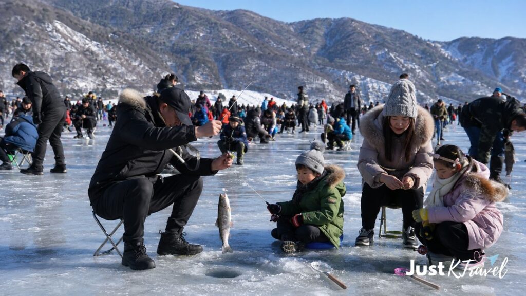 Visitors ice fishing at Hwacheon Sancheoneo Ice Festival in winter