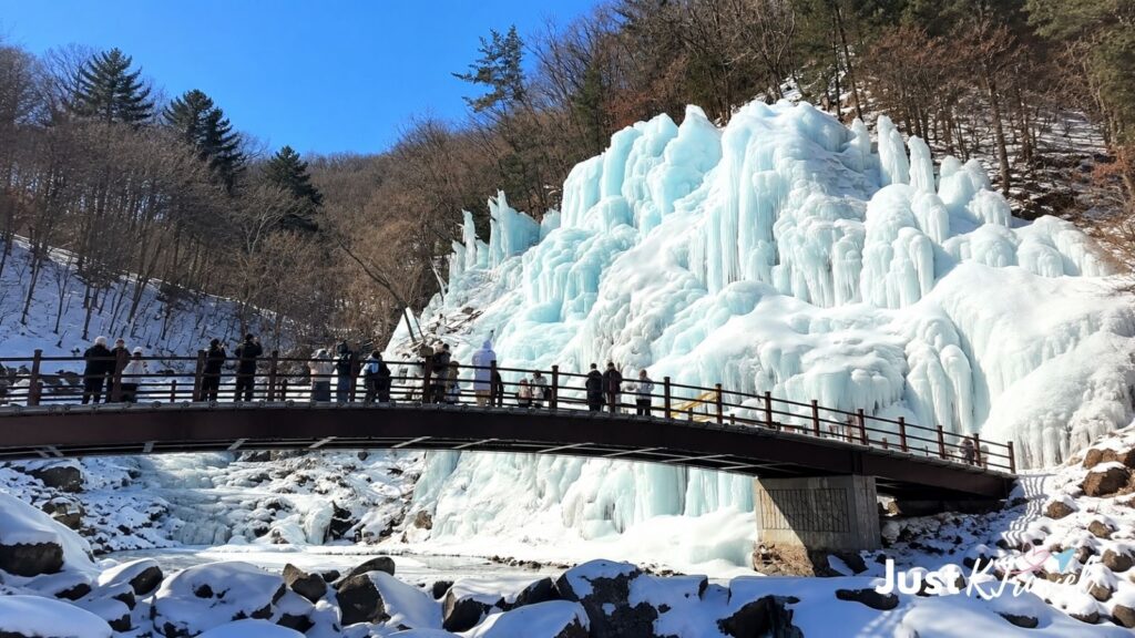 Frozen waterfall and ice formations at Eobi Ice Valley in winter