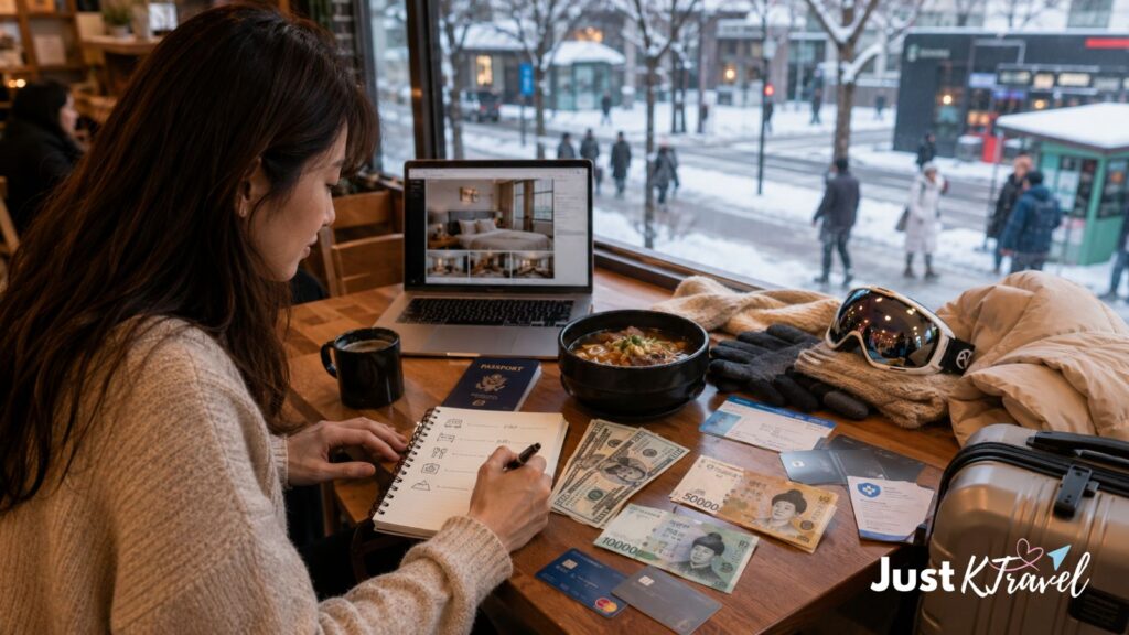 Traveler planning a budget for a winter trip to South Korea
