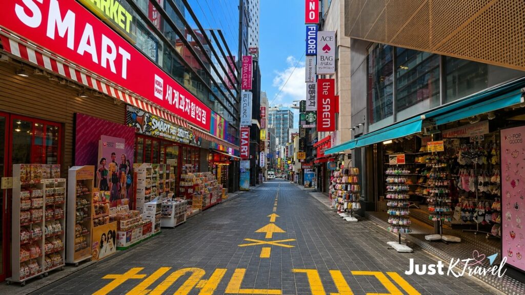 Busy Myeongdong shopping street in Seoul