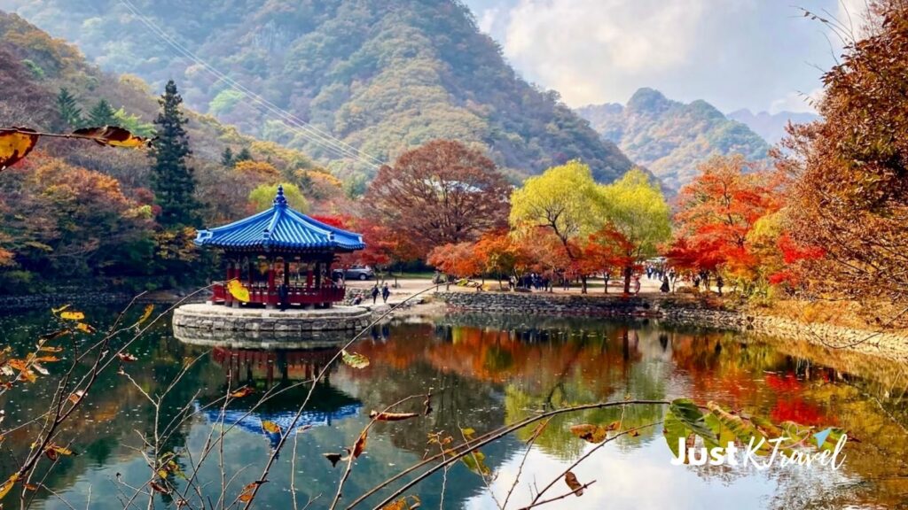 Autumn foliage and mountain lake scenery at Naejangsan National Park in Korea