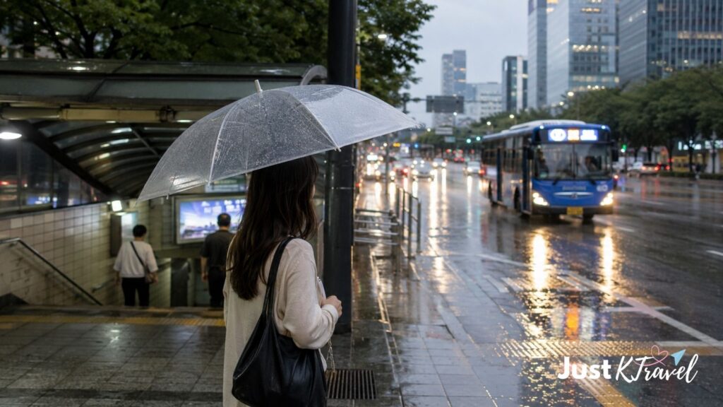Female traveler choosing subway or bus on a rainy Seoul day