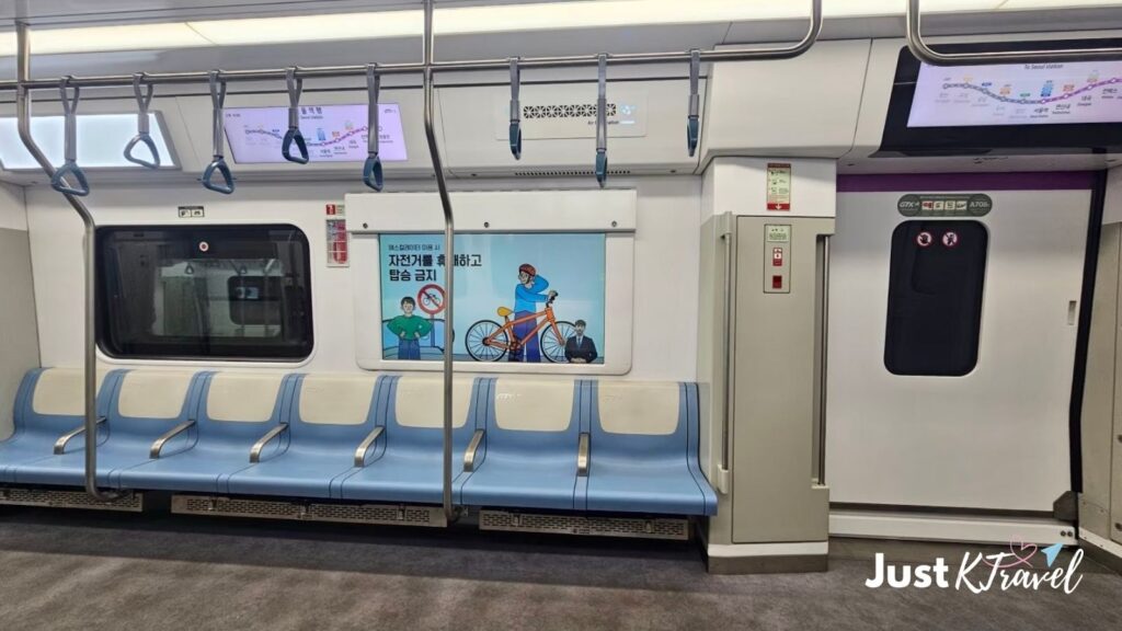 Empty Seoul subway seats inside a train
