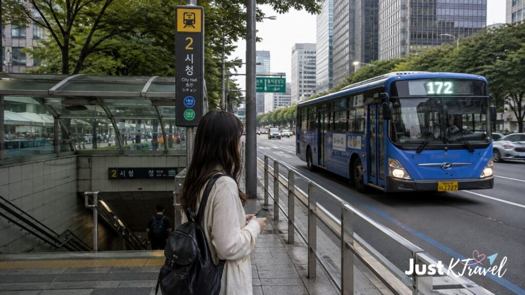 Female traveler choosing between Seoul subway and city bus