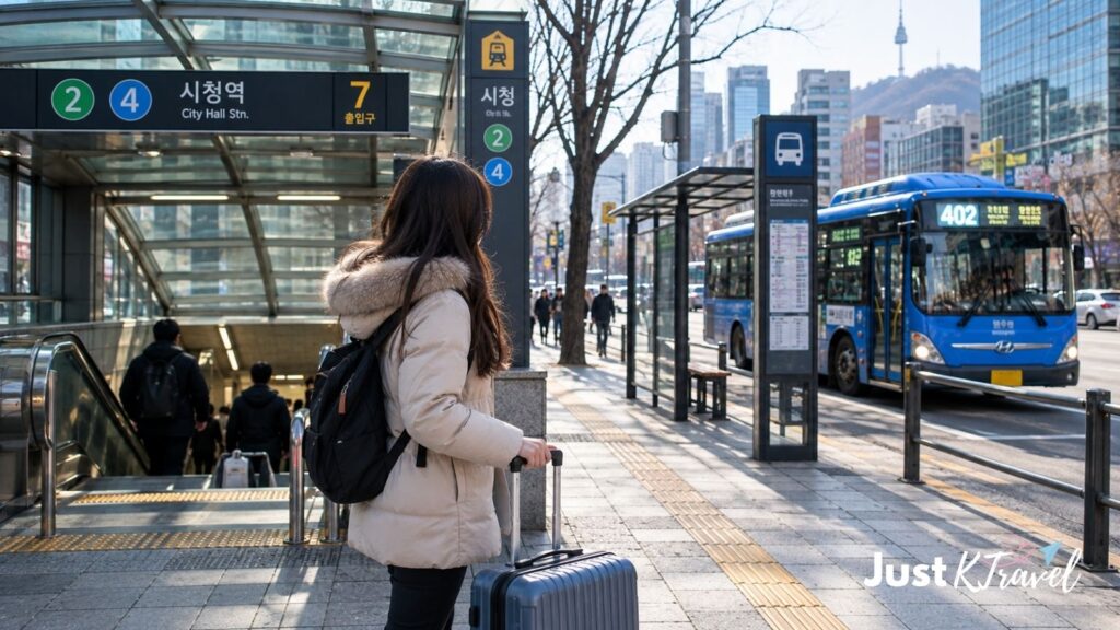 Female traveler choosing between Seoul subway and city bus
