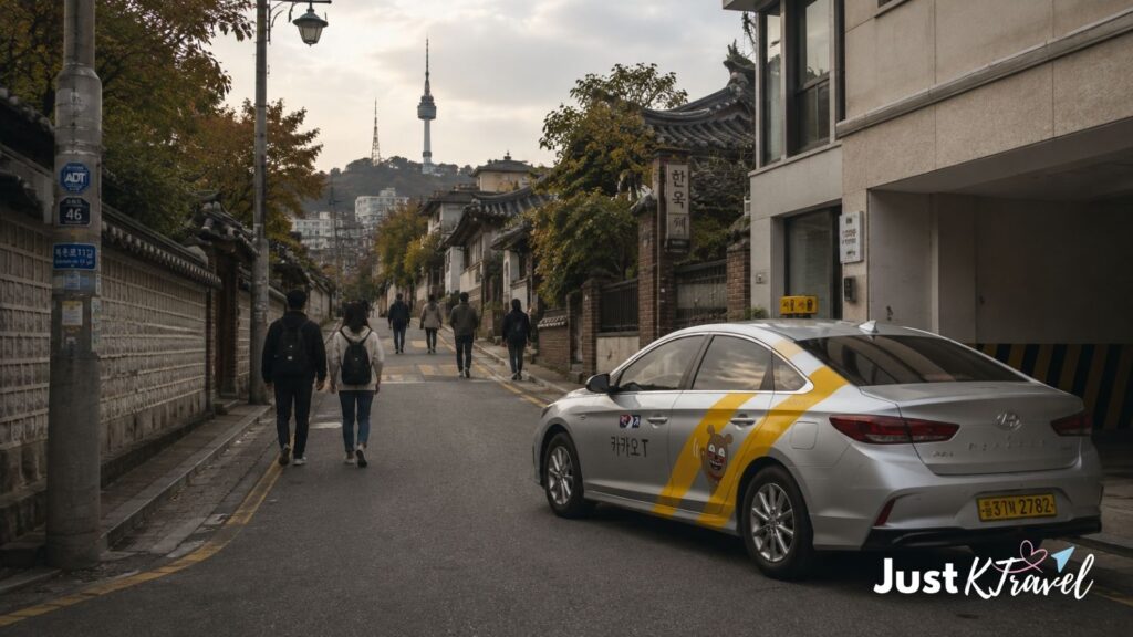 Traveler walking toward a taxi in Seoul