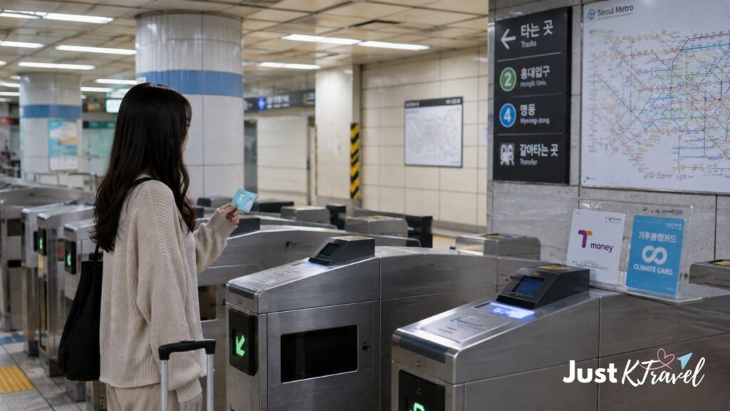 Female traveler using a transportation card at a Seoul subway station