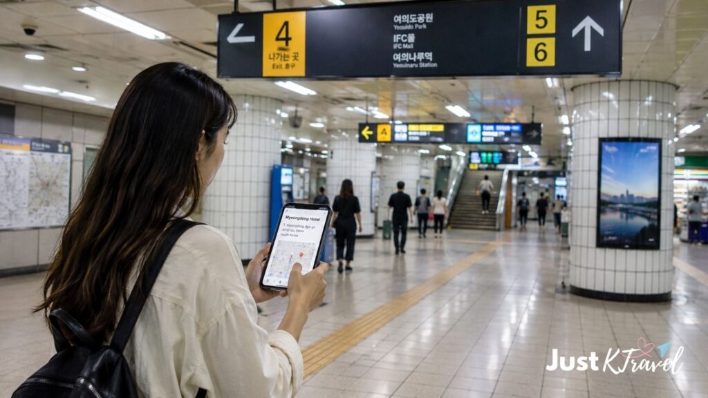 Female traveler checking directions on her phone in Seoul subway