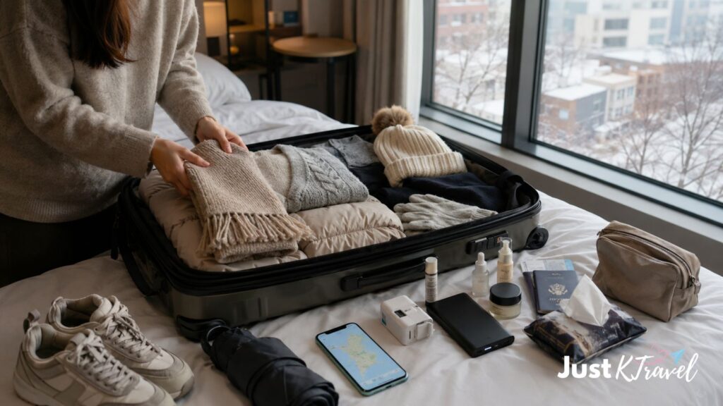 Winter travel essentials packed for a trip to South Korea