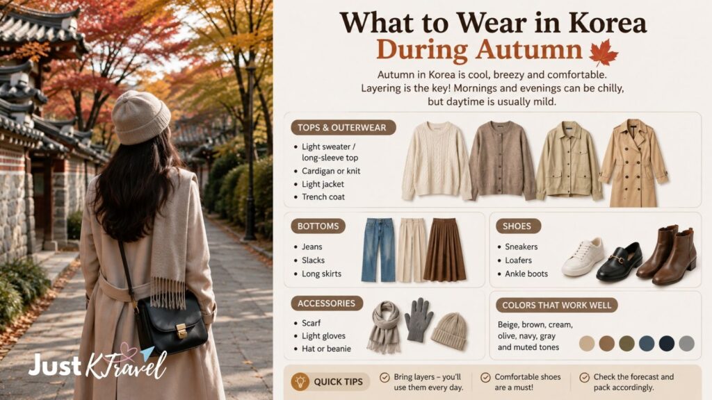 Woman traveler wearing layered autumn clothing while walking through Korea surrounded by fall foliage