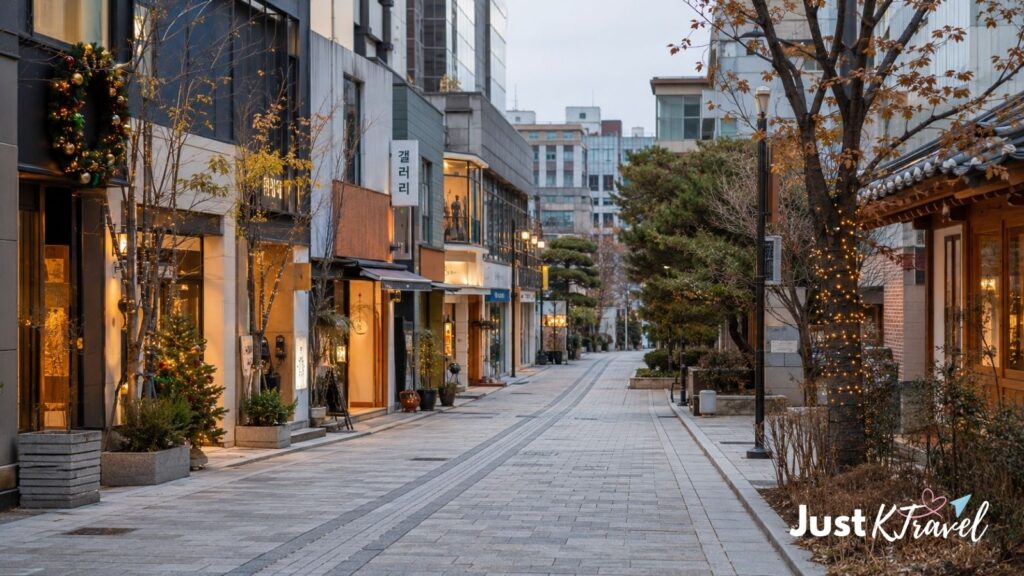 Seoul shopping street in early December with winter decorations