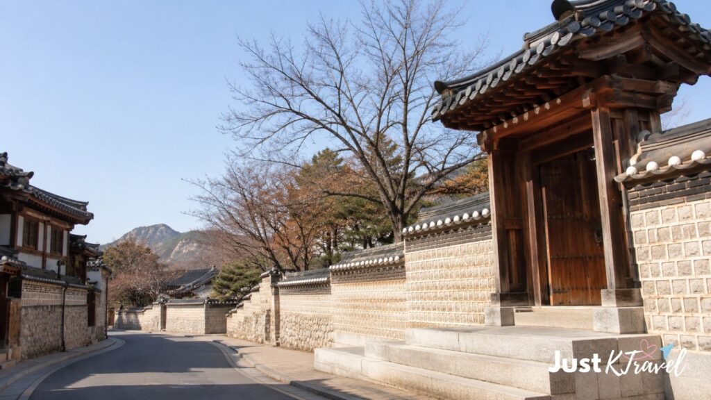 Seoul palace and winter street in late February