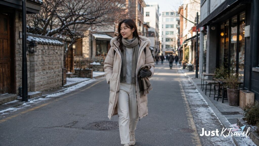 Traveler wearing warm winter layers in Seoul during December