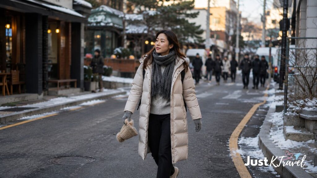 Traveler wearing a padded coat and winter layers in snowy Seoul
