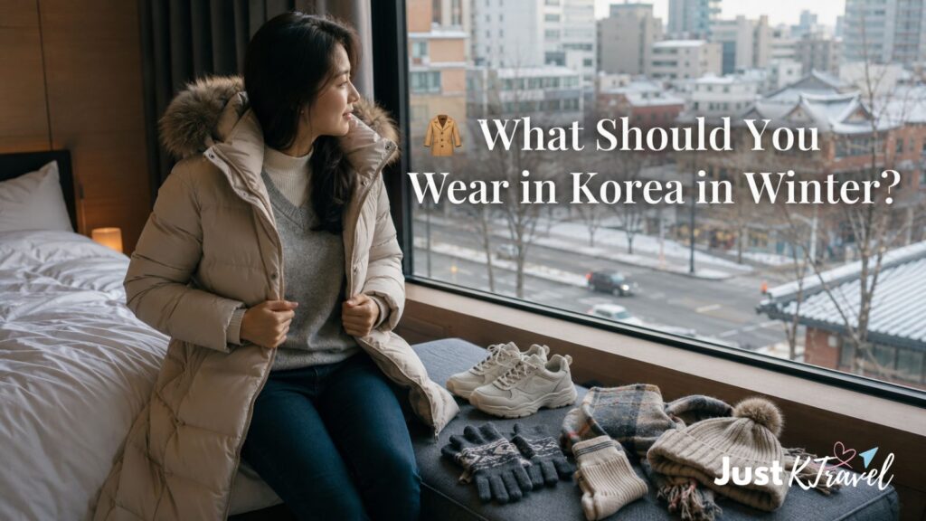 Traveler wearing warm winter layers for a trip to South Korea