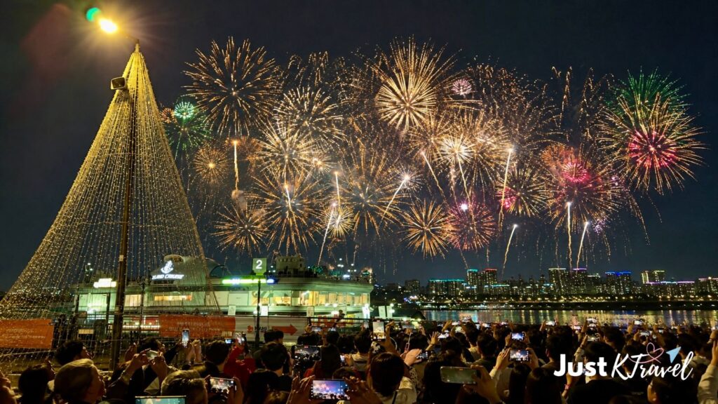 Crowd watching fireworks at Yeouido Hangang Park in Seoul