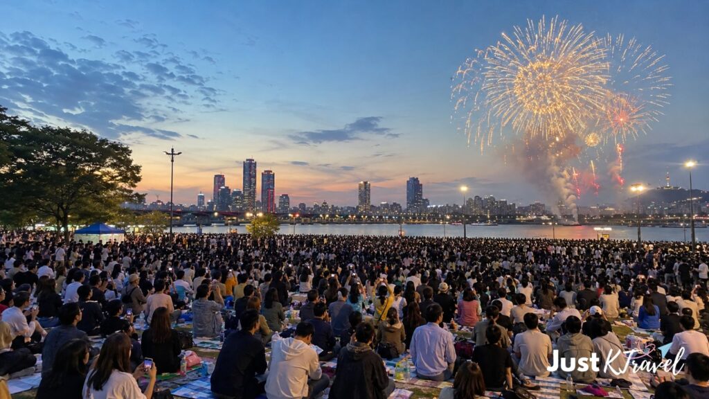 Riverside viewing area at Yeouido Hangang Park during fireworks festival