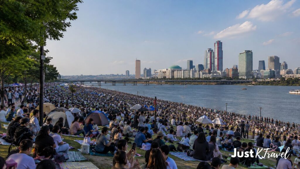 Riverside viewing area at Yeouido Hangang Park during fireworks festival