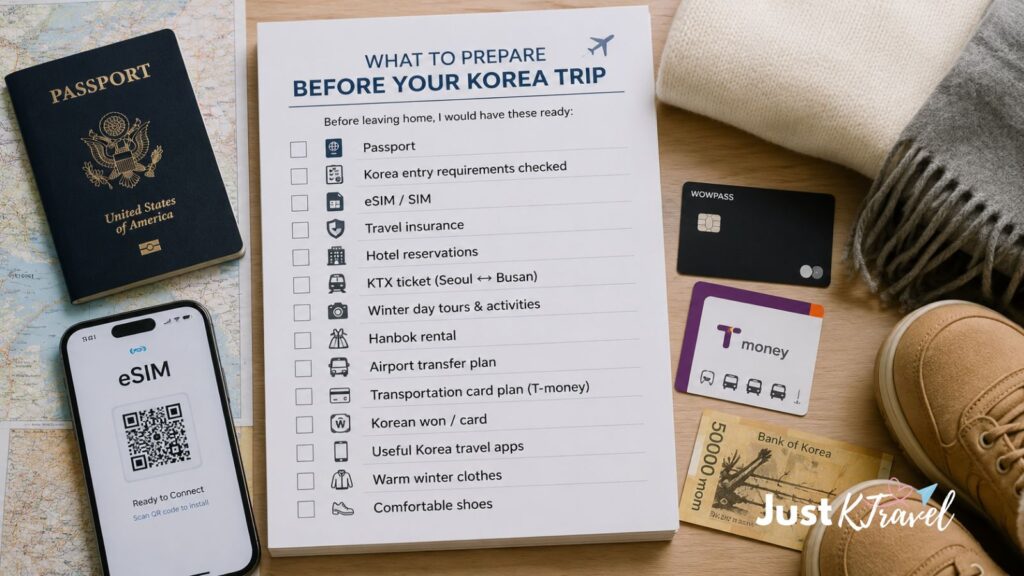 Korea trip preparation checklist with passport, eSIM, travel cards, Korean won and winter essentials
