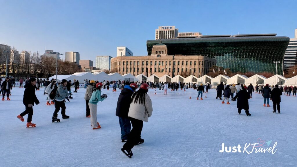 People ice skating at Seoul Plaza in winter